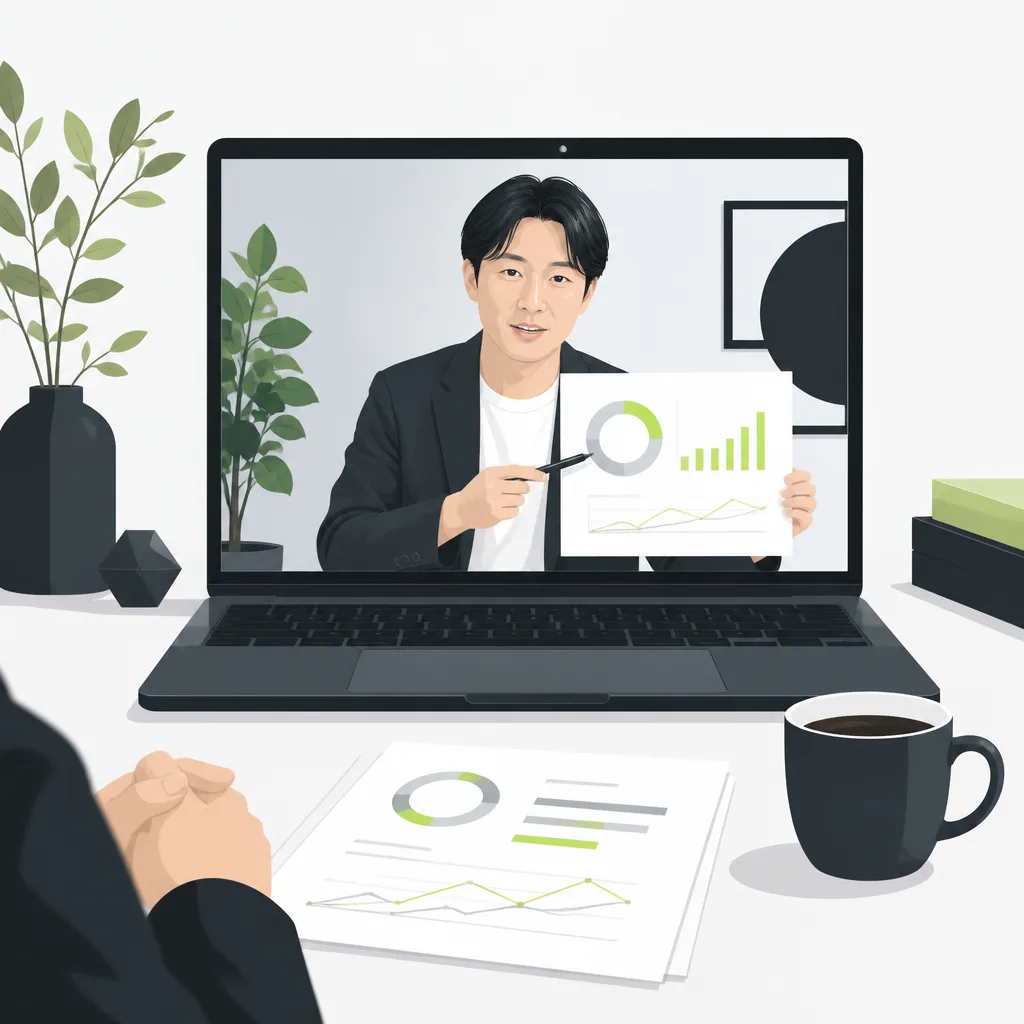 オンライン打ち合わせで運用担当が資料を示しているイラスト